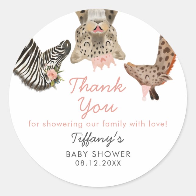 Pink Safari Animals Theme Baby Shower  Classic Rou Round Sticker (Front)
