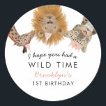 Pink Safari Animals Theme Girl Birthday Party Classic Round Sticker<br><div class="desc">Cute safari theme kid's birthday party favor sticker featuring hand drawn illustration of a giraffe,  leopard,  rhino,  lion,  elephant,  and zebra with pink flowers,  party hats,  and crown. The text at the top says "thank you for coming to my party!"</div>