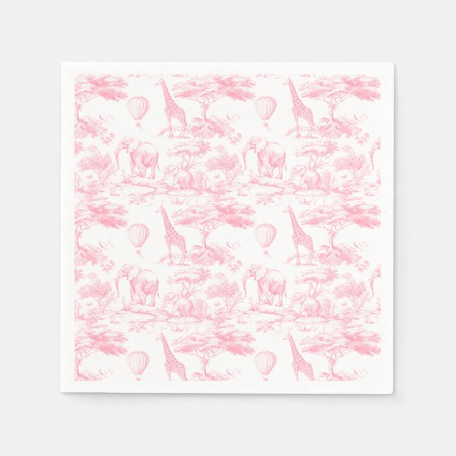 Pink Safari Animals Toile de Jouy Baby shower Napkins (Front)