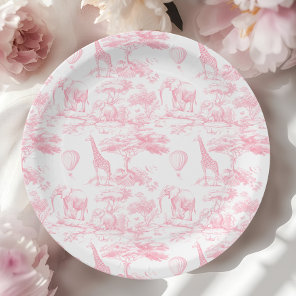 Pink Safari Animals Toile de Jouy Baby shower Paper Plates
