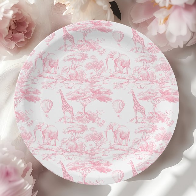 Pink Safari Animals Toile de Jouy Baby shower Paper Plates (Creator Uploaded)