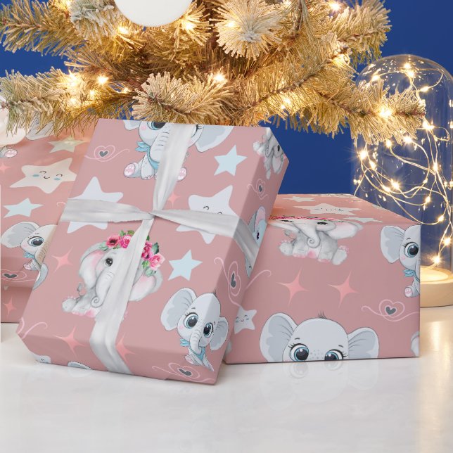 "Pink Safari: Baby Elephants on a Pink background Wrapping Paper (Holidays)