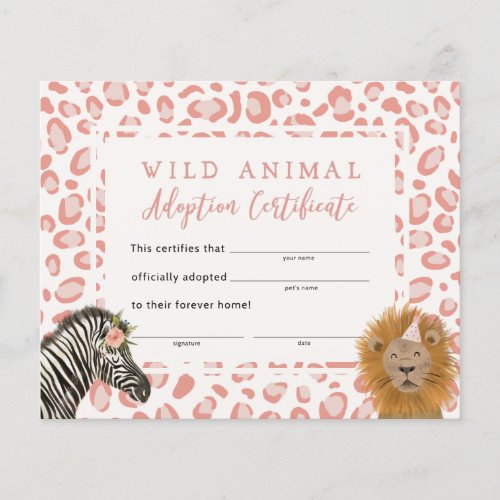 Pink Safari Birthday Party Adoption Certificate