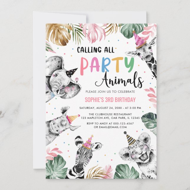 Pink Safari Calling All Party Animals 3rd Birthday Invitation (Front)
