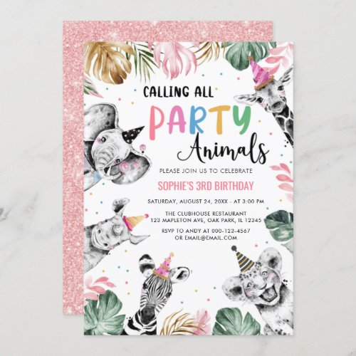 Pink Safari Calling All Party Animals 3rd Birthday Invitation