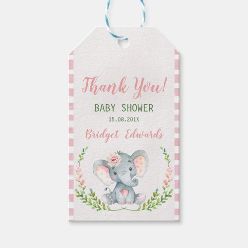 Pink Safari Elephant Baby Shower Tags - This cute girl's elephant baby shower tag features an elephant and floral half wreath on a scanned white watercolor paper image.  All of the text is editable.  Same design baby shower invitation is also available at the store.   This girl's watercolor elephant baby shower tag is ready to be personalized.  Same design thank you card is also available.