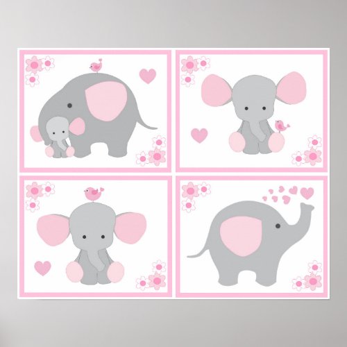 Pink Safari Elephant Girl Nursery Wall Art Prints