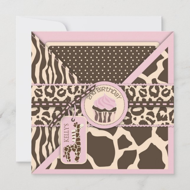 Pink Safari Giraffe & Cupcake Second Birthday Invitation (Front)