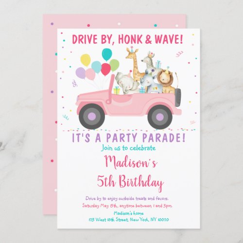 Pink Safari Honk Wave Drive By Birthday Parade Invitation