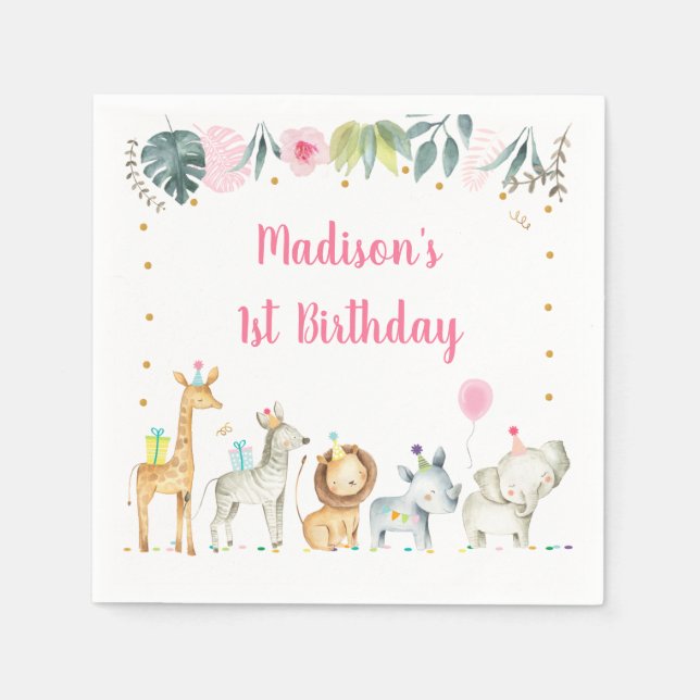 Pink Safari Jungle Animal Birthday Napkins (Front)