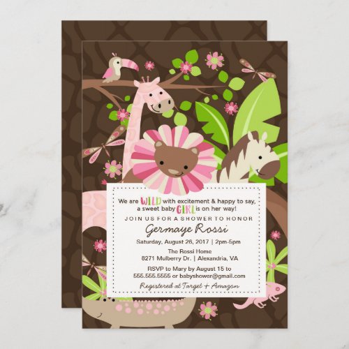 Pink Safari Jungle Baby Girl Shower or Sprinkle Invitation