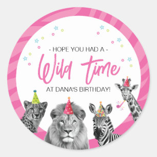 Pink Safari Jungle Calling all animals Birthday Classic Round Sticker