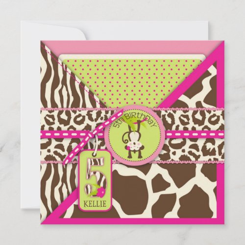 Pink Safari Jungle Monkey Fifth Birthday Personalized Invitation