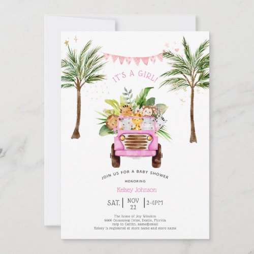 Pink Safari Jungle Palm Trees Girly Baby Shower Invitation