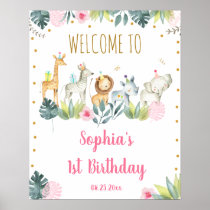 Pink Safari Jungle Party Animals Birthday Welcome Poster