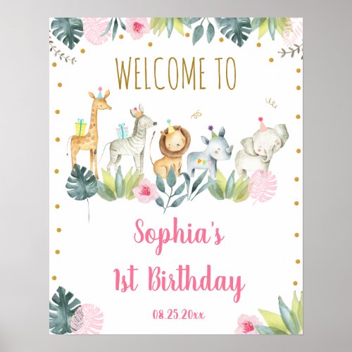 Pink Safari Jungle Party Animals Birthday Welcome Poster