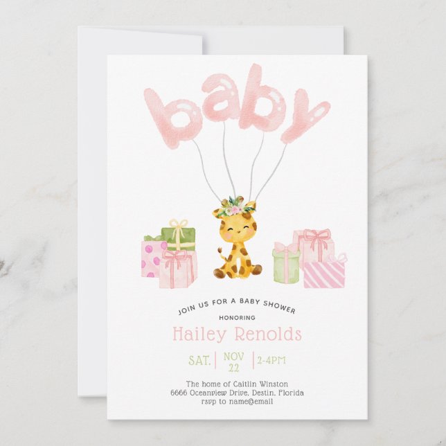 Pink Safari Jungle Watercolor Giraffe Baby Shower Invitation (Front)