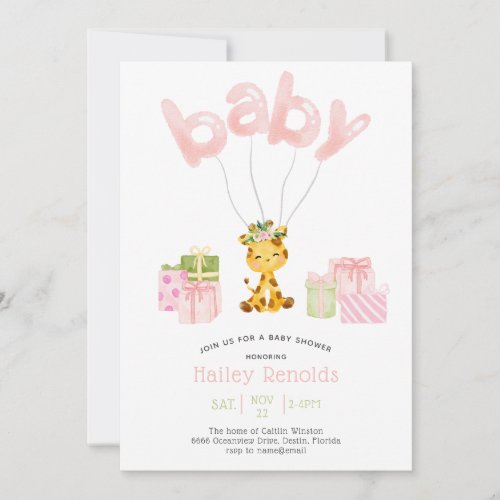 Pink Safari Jungle Watercolor Giraffe Baby Shower Invitation