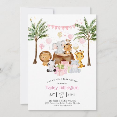 Pink Safari Jungle Watercolor Girly Baby Shower Invitation