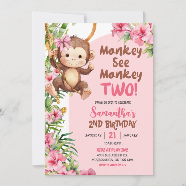 Pink Safari Monkey See Monkey Two 2nd Birthday Invitation (Front)