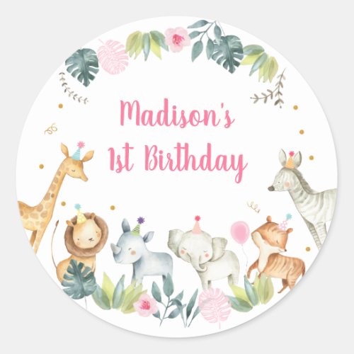 Pink Safari Party Animal Birthday Classic Round Sticker