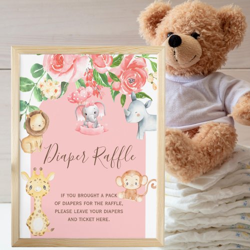 Pink Safari Theme Baby Shower Diaper Raffle Sign