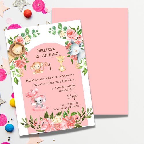 Pink Safari Theme First Birthday Invitation