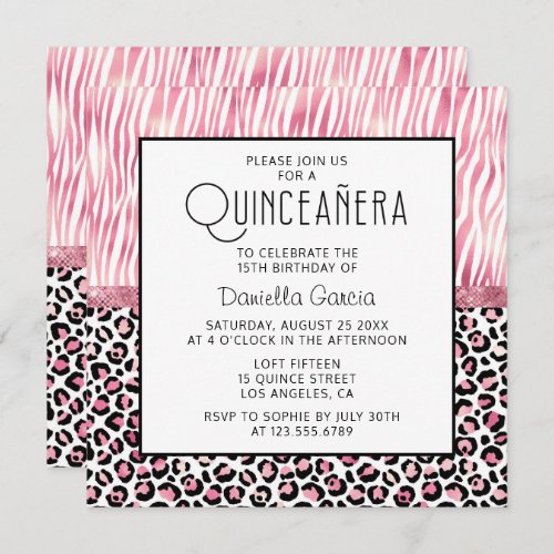 Pink Safari Tiger Leopard Shimmer Quinceaera  Invitation