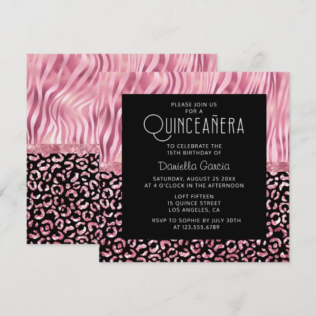 Pink Safari Tiger Leopard Shimmer Quinceañera Invitation (Front/Back)