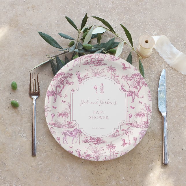Pink Safari Toile de Jouy | Baby Shower Paper Plates (Creator Uploaded)