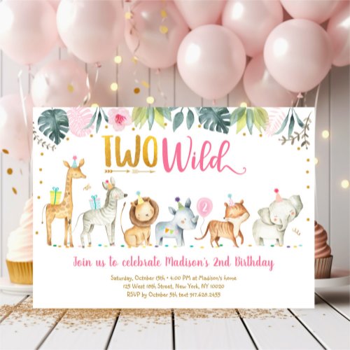 Pink Safari Two Wild Birthday Invitation