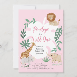 Pink Safari Wild One Girl 1st Birthday Invitation