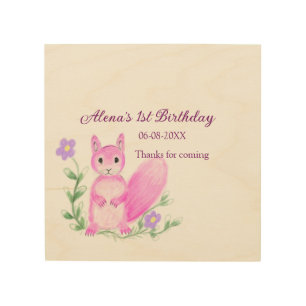 Pink safari Woodland animal birthday add name year Wood Wall Art