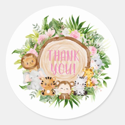 Pink Safari Woodland Animals Baby Shower Thank You Classic Round Sticker