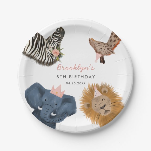 Pink Safari Zoo Animals Birthday Party  Paper Plates (Front)