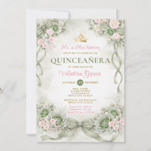 Pink & Sage Bow Ribbon Quinceañera Birthday Anos Invitation