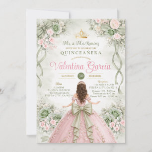 Pink & Sage Bow Ribbon Quinceañera  XV Party Invitation