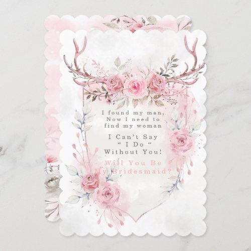 Pink Sage Deer Antlers Will You Be My Bridesmaid  Invitation