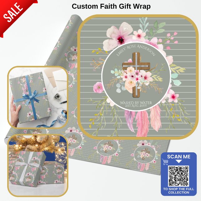 Pink Sage Floral Cross Girls Baptism Flower Pretty Wrapping Paper (Creator Uploaded)