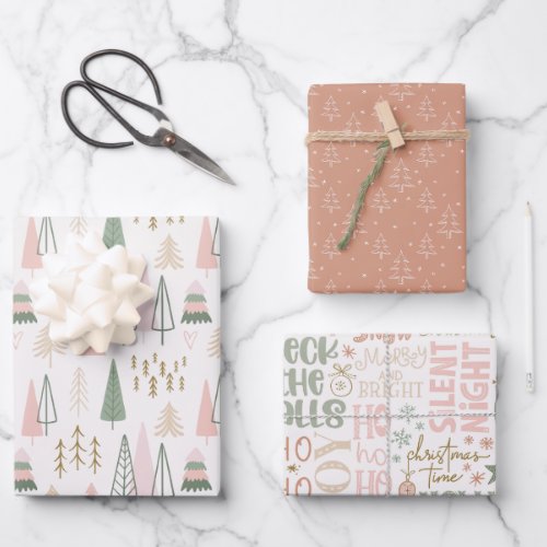 Pink Sage Green Boho Christmas Tree  Wrapping Paper Sheets