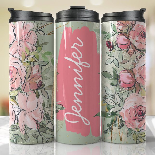 Pink Sage Green Floral Add Name Custom Gift Thermal Tumbler (Floral Personalized Tumbler)