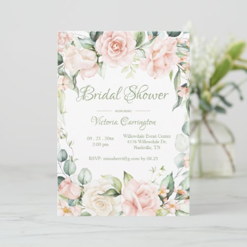 Pink  Sage Green Floral Elegant Bridal Shower Invitation