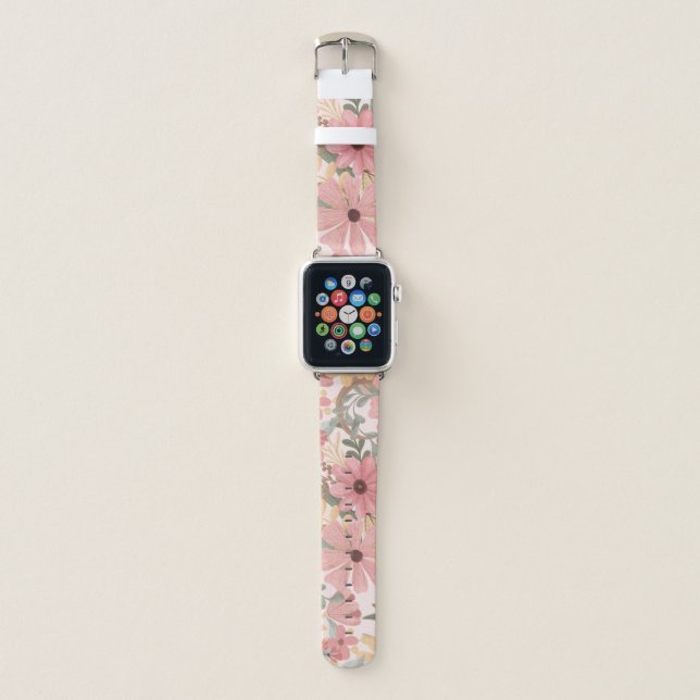 Pink Sage Green Floral Leaves Watercolor Pattern Apple Watch Band (Front)