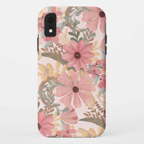 Pink Sage Green Floral Leaves Watercolor Pattern iPhone XR Case