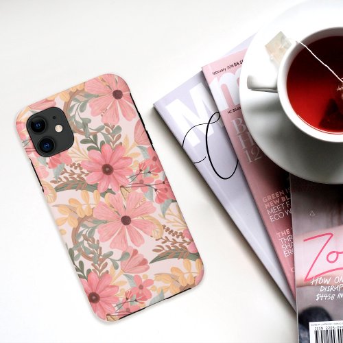 Pink Sage Green Floral Leaves Watercolor Pattern iPhone 11 Case