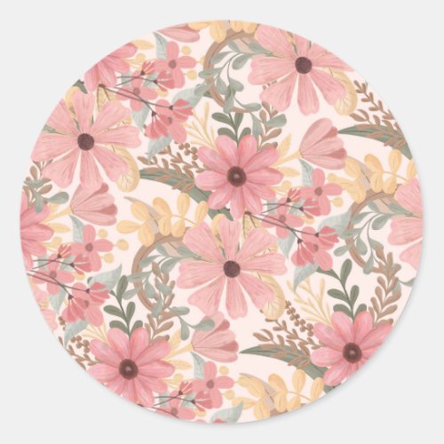 Pink Sage Green Floral Leaves Watercolor Pattern Classic Round Sticker