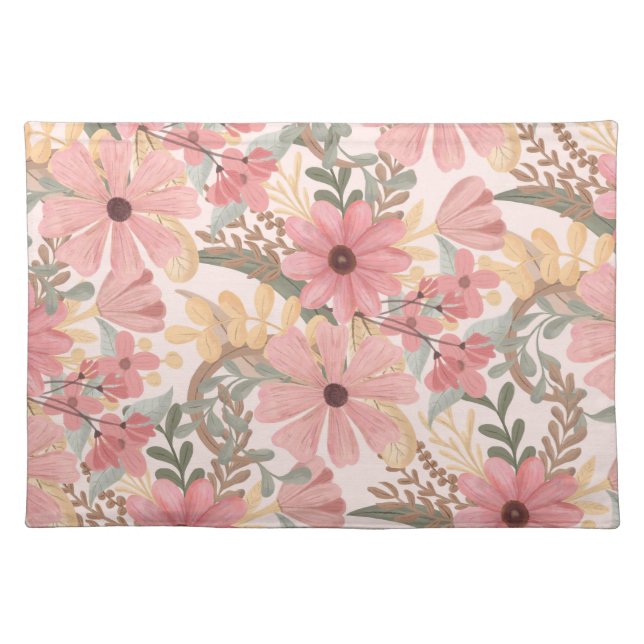 Pink Sage Green Floral Leaves Watercolor Pattern Cloth Placemat (Front)