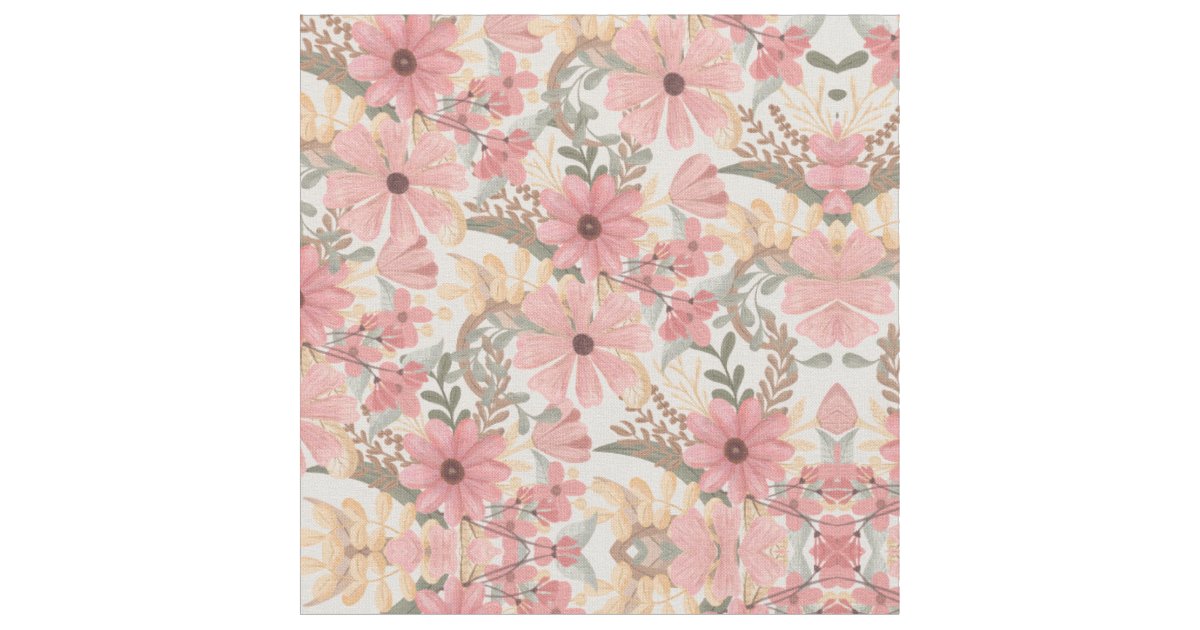 Pink Sage Green Floral Leaves Watercolor Pattern Fabric | Zazzle