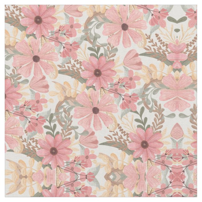 Pink Sage Green Floral Leaves Watercolor Pattern Fabric (Close Up)