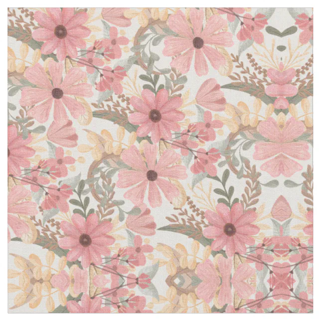 Pink Sage Green Floral Leaves Watercolor Pattern Fabric | Zazzle